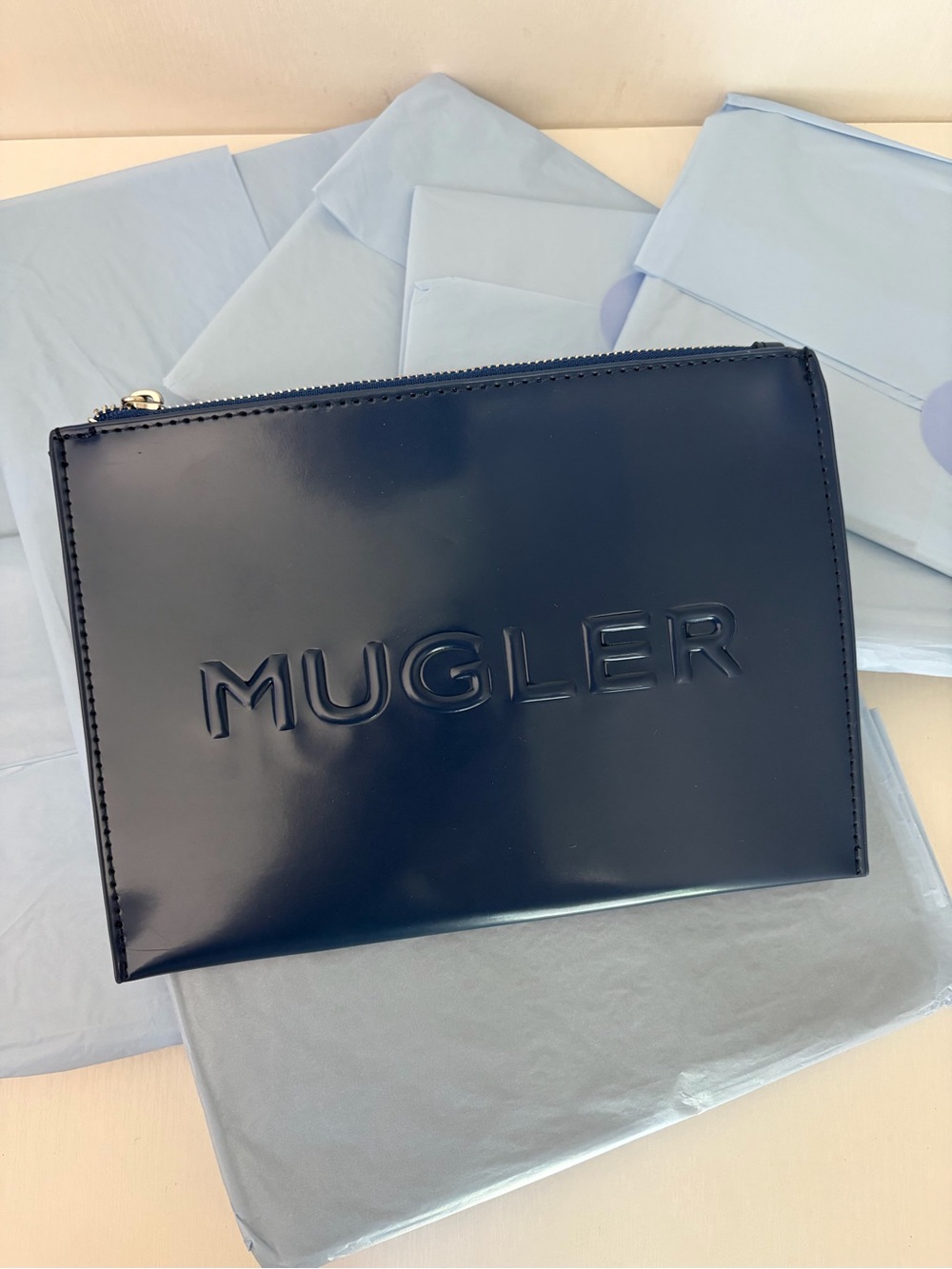 10 X MUGLER Navy Embossed Leather Zip Pouch